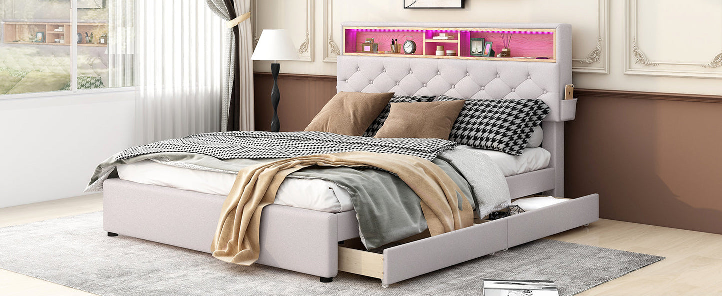 Queen Size Upholstered Platform Bed with Storage Headboard  LED  USB Charging and 2 Drawers  Beige - Korvel