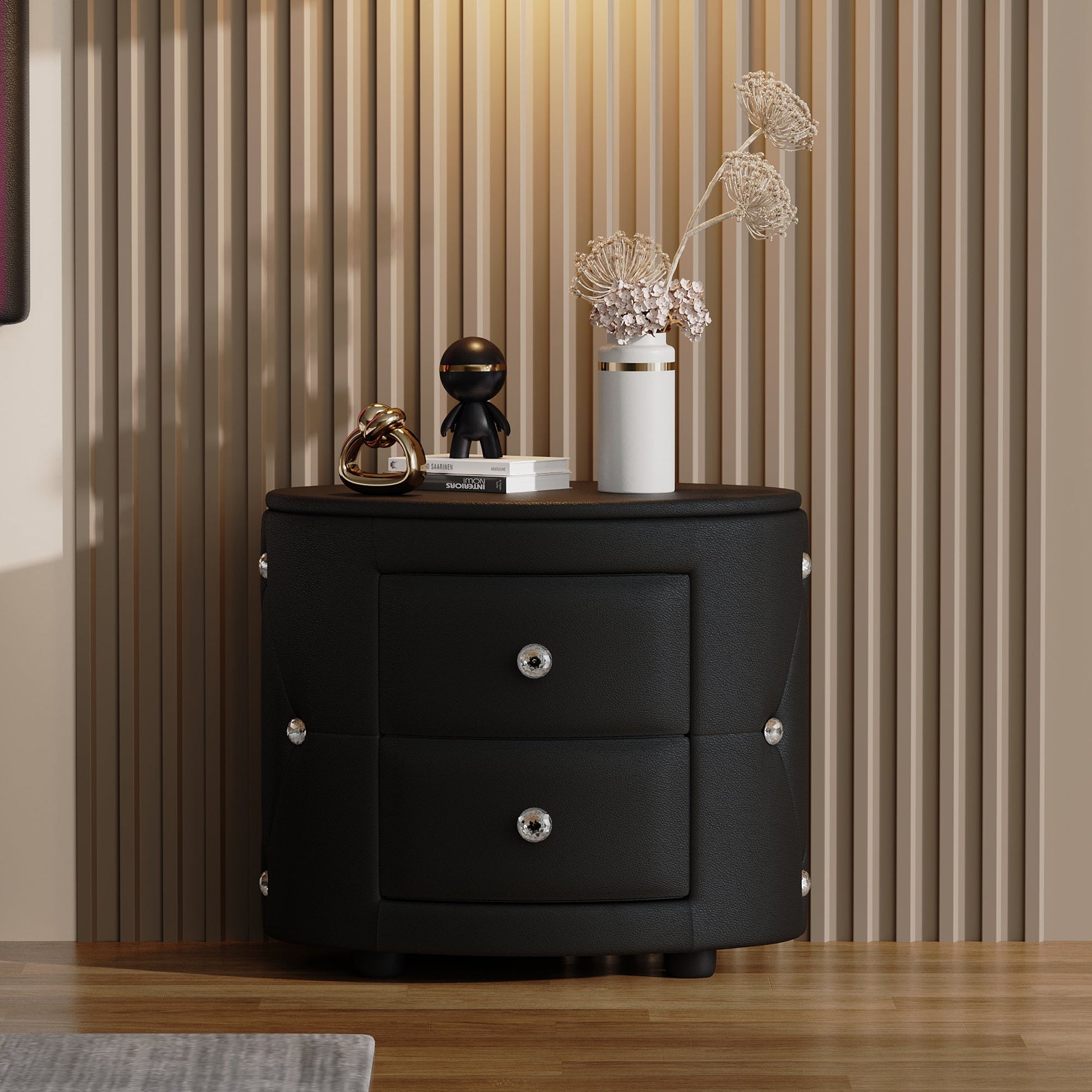 Elegant PU Nightstand with 2 Drawers and Crystal Handle,Fully Assembled Except Legs&Handles,Storage Bedside Table - Black - Korvel