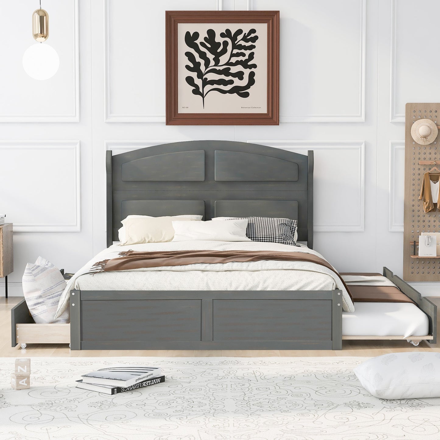 Wood Queen Size Platform Bed with Twin Size Trundle and 2 Drawers  Antique Gray - Korvel