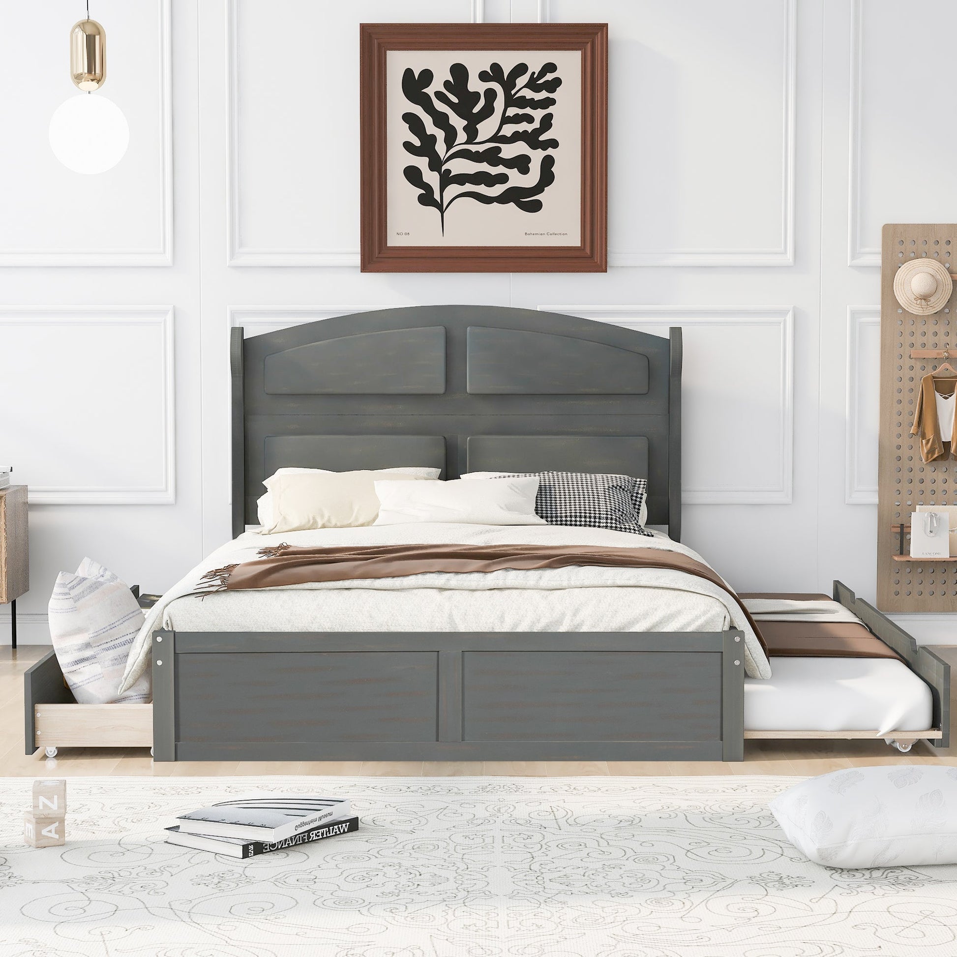 Wood Queen Size Platform Bed with Twin Size Trundle and 2 Drawers  Antique Gray - Korvel