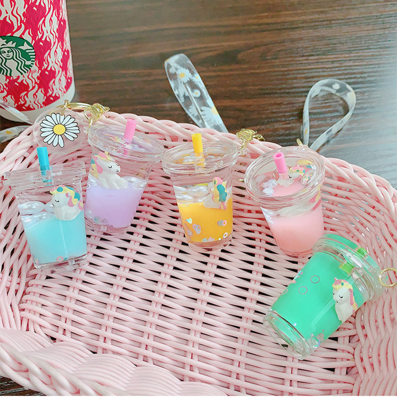 Glitter Quicksand Key Chain Liquid Floating Unicorn Keyring Keychain Bag Charm Milk Tea Cup Pendant Keyfob Gift for Women - Korvel