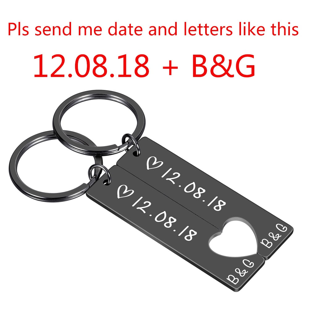 Personalized Heart Keychain Set  Engraved King Date and Name Love Keyring Gift for Couples Girlfriend Boyfriends Key Chain Rings - Korvel