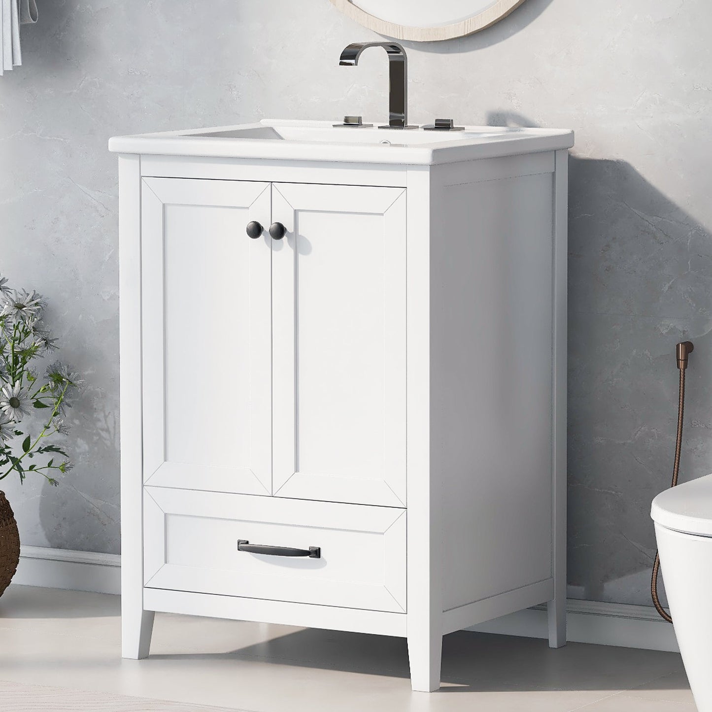 24" Bathroom Vanity with Sink, Bathroom Vanity Cabinet with One Drawer and Doors, Solid Wood and MDF, White - Korvel