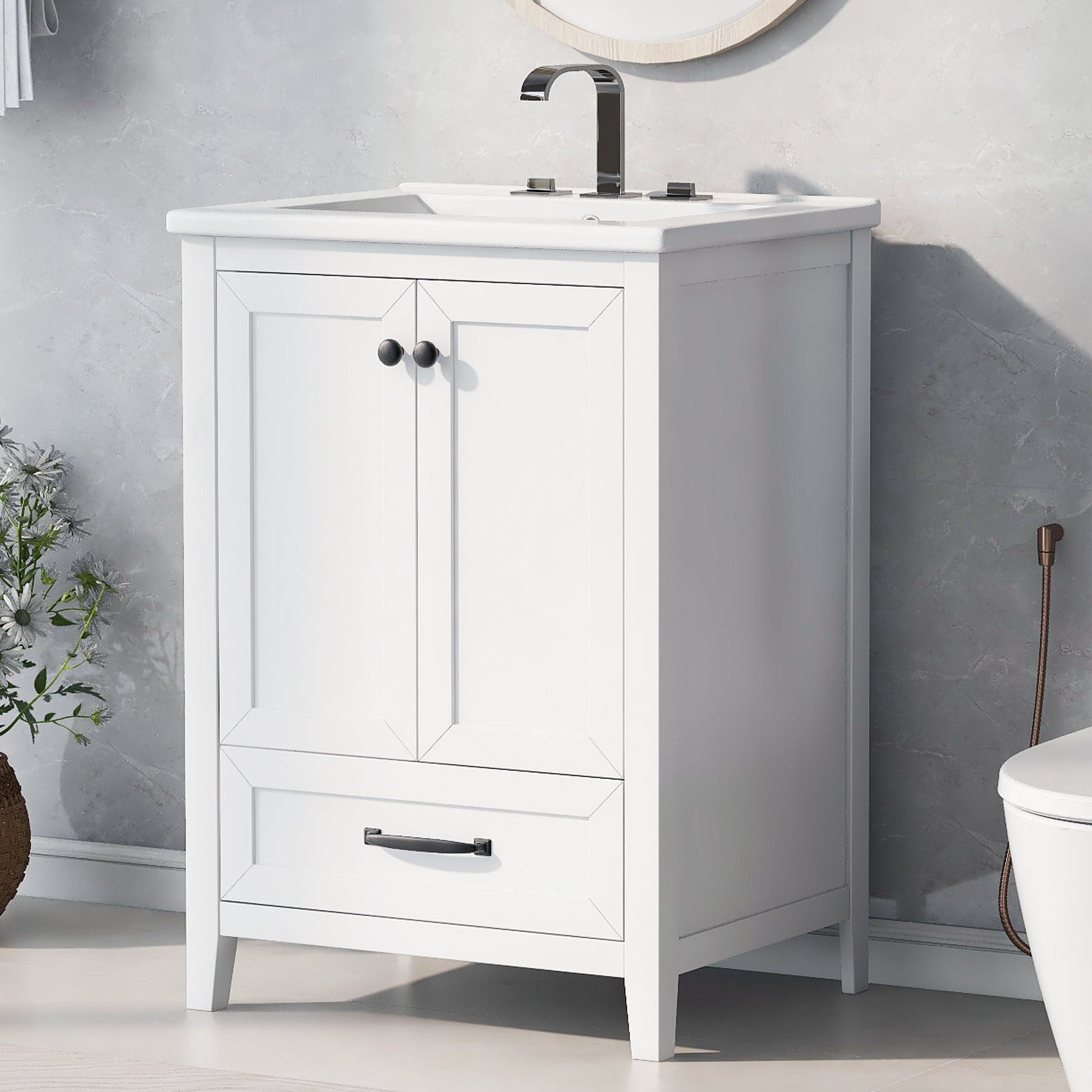 24" Bathroom Vanity with Sink, Bathroom Vanity Cabinet with One Drawer and Doors, Solid Wood and MDF, White - Korvel