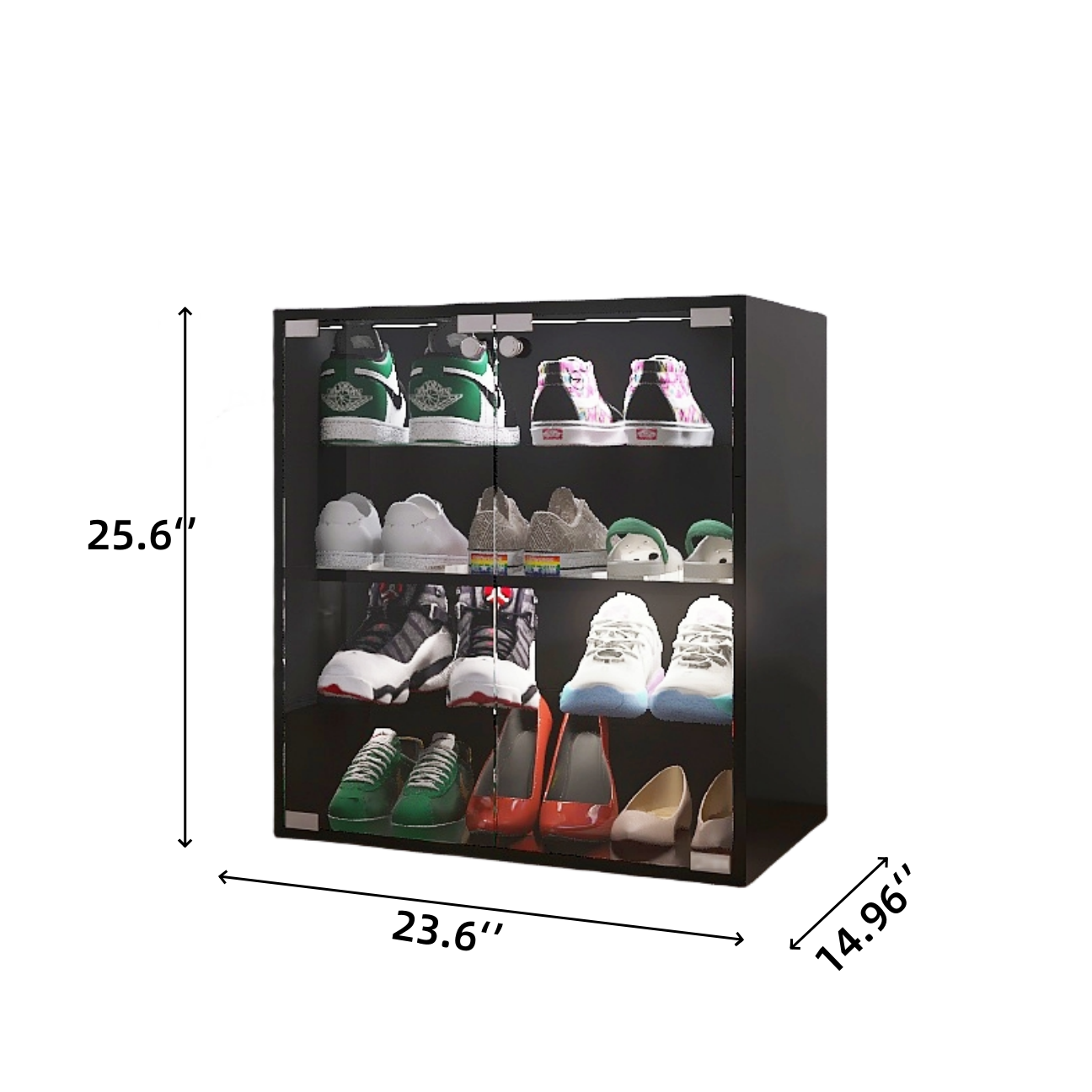 4 Layers Black Shoe Cabinet with Glass Door and Glass Layer Shoes Display Cabinet with LED light Bluetooth Control - Korvel