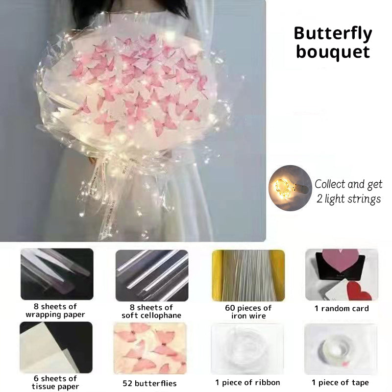 New DIY Butterfly Bouquets Handmade Butterfly Flower Material Package Bouquet with Light String Wedding Decor Gift for Girlfrien - Korvel