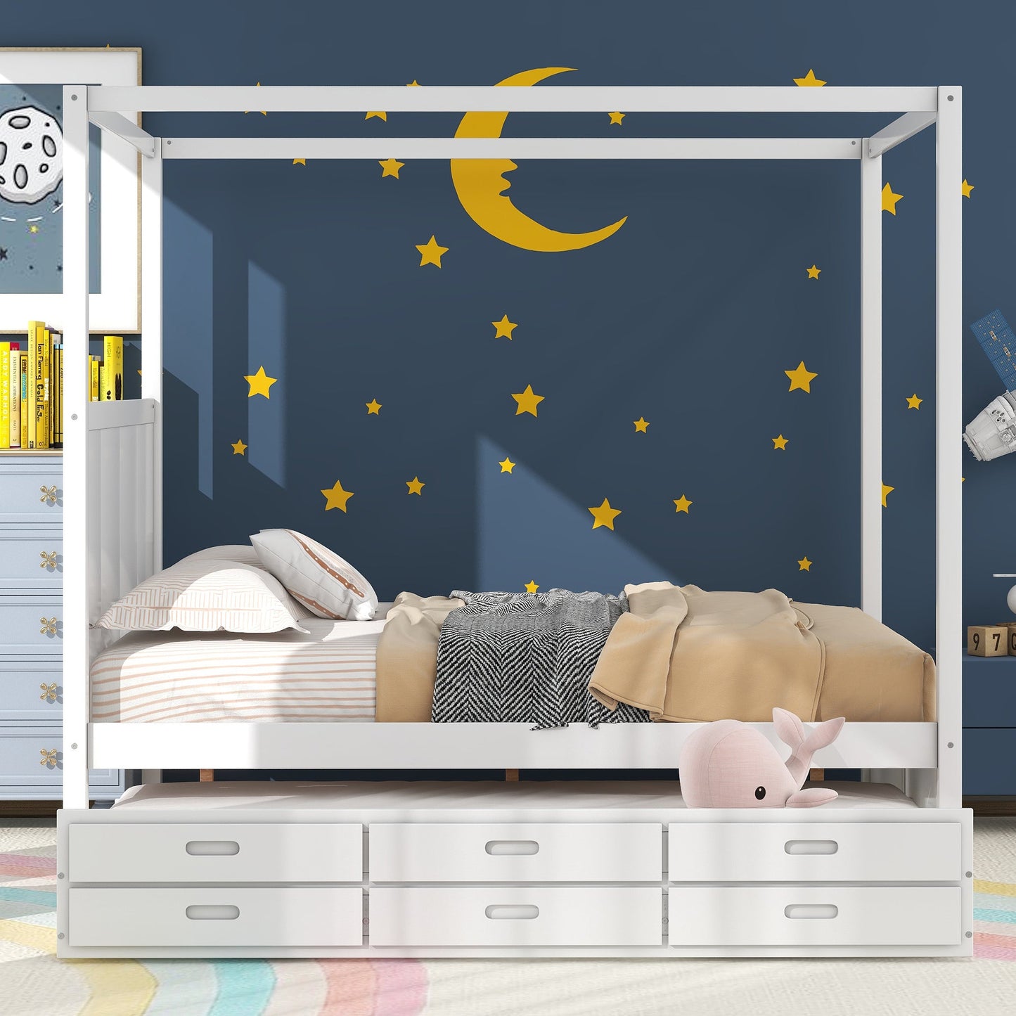 Elegant Queen Size Canopy Platform Bed with Trundle & Storage