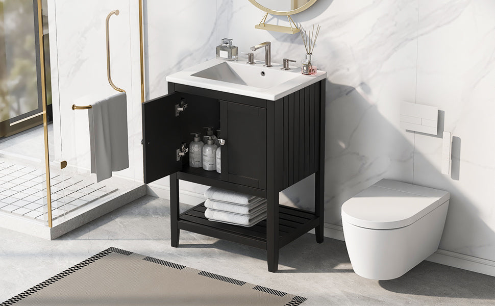 Meuble de salle de bain moderne noir de 24" avec évier en céramique élégant
