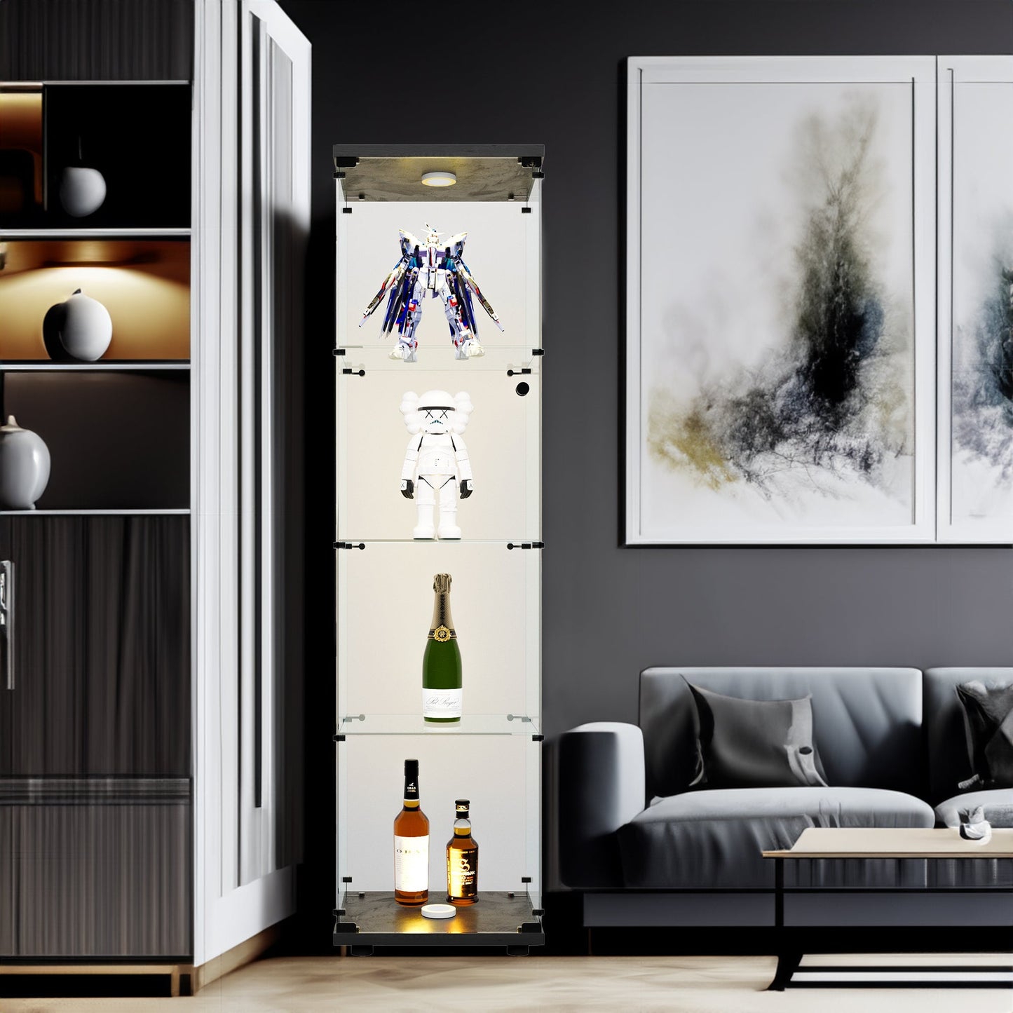 Cabinet d'affichage en verre LED élégant avec 4 étagères - Noir