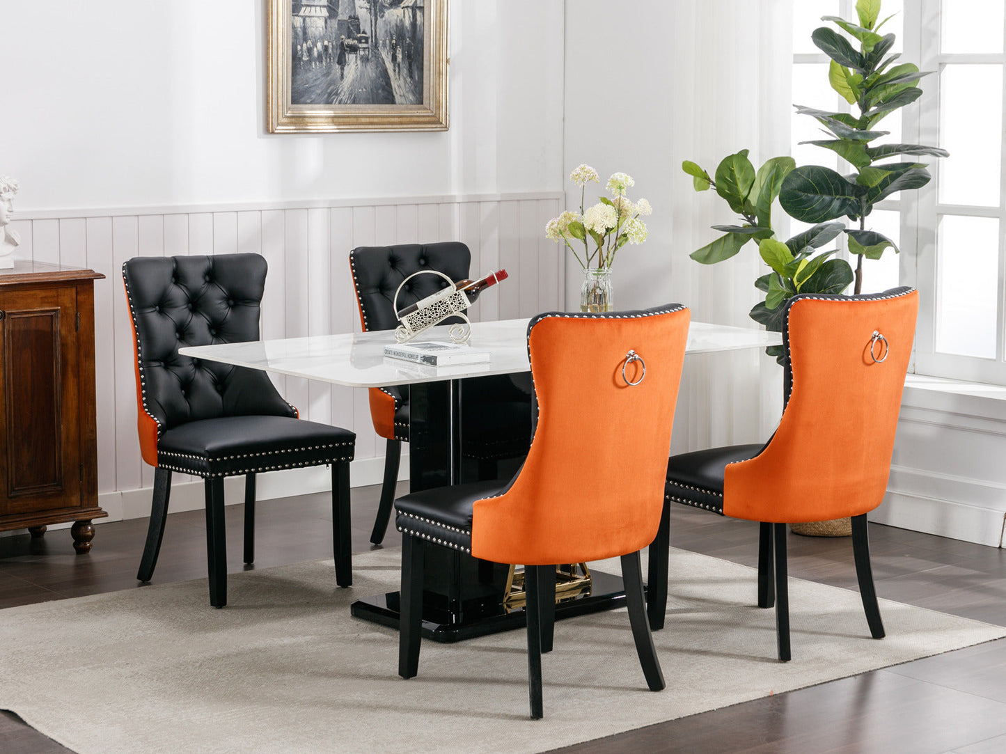 Tufted Solid Wood Contemporary PU and Velvet Upholstered Dining Chair with Wood Legs Nailhead Trim 2-Pcs Set Black+Orange - Korvel