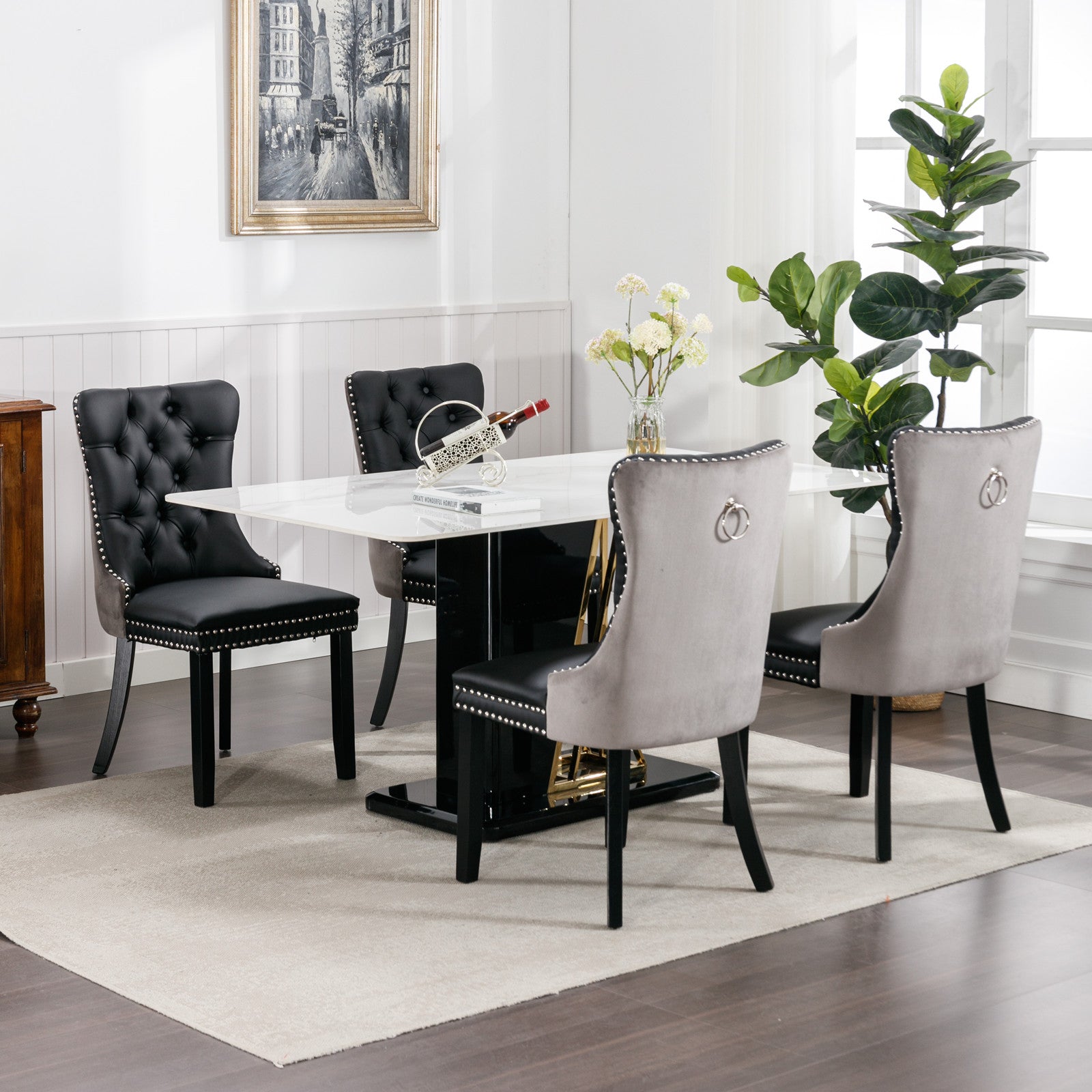 Tufted Solid Wood Contemporary PU and Velvet Upholstered Dining Chair with Wood Legs Nailhead Trim 2-Pcs Set Black+Gray - Korvel