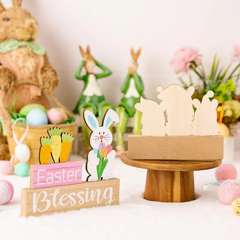 Easter Rabbit Flower Hugging Wooden Ornament
