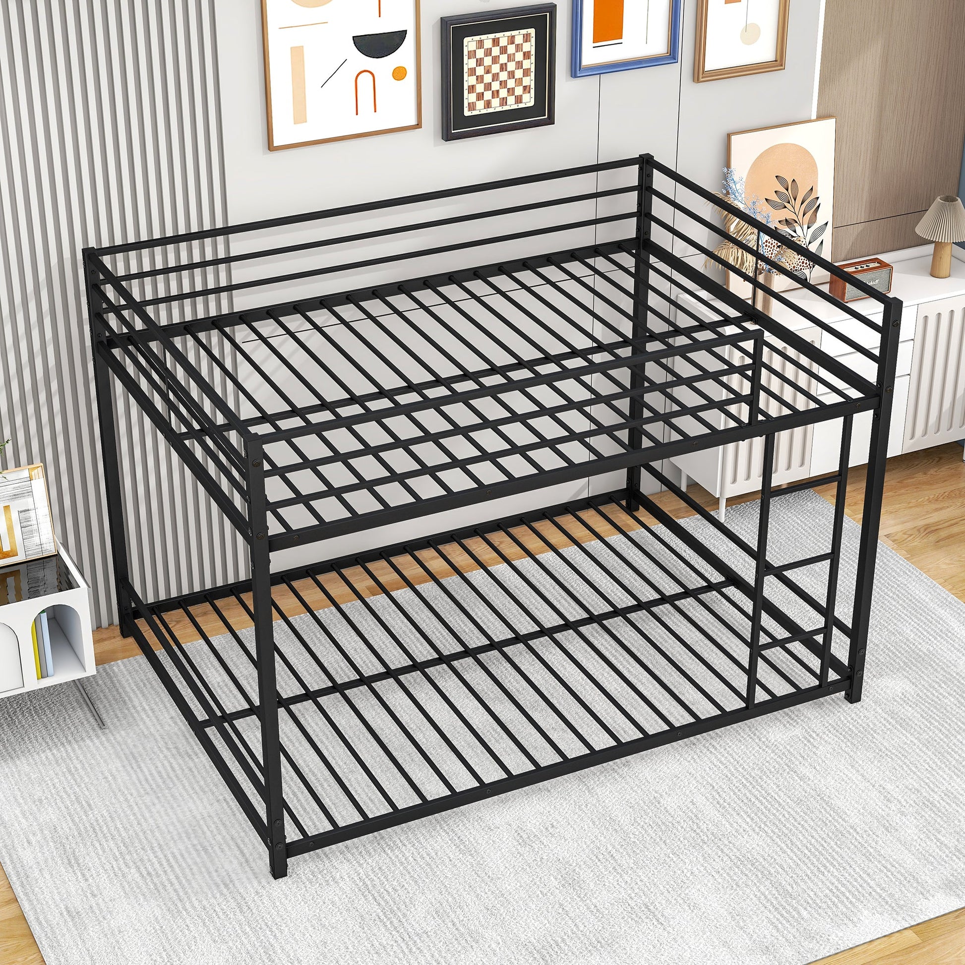 Metal Bunk Bed Full Over Full Bunk Bed Frame with Safety Guard Rails Heavy Duty Space-Saving Design Easy Assembly Black - Korvel