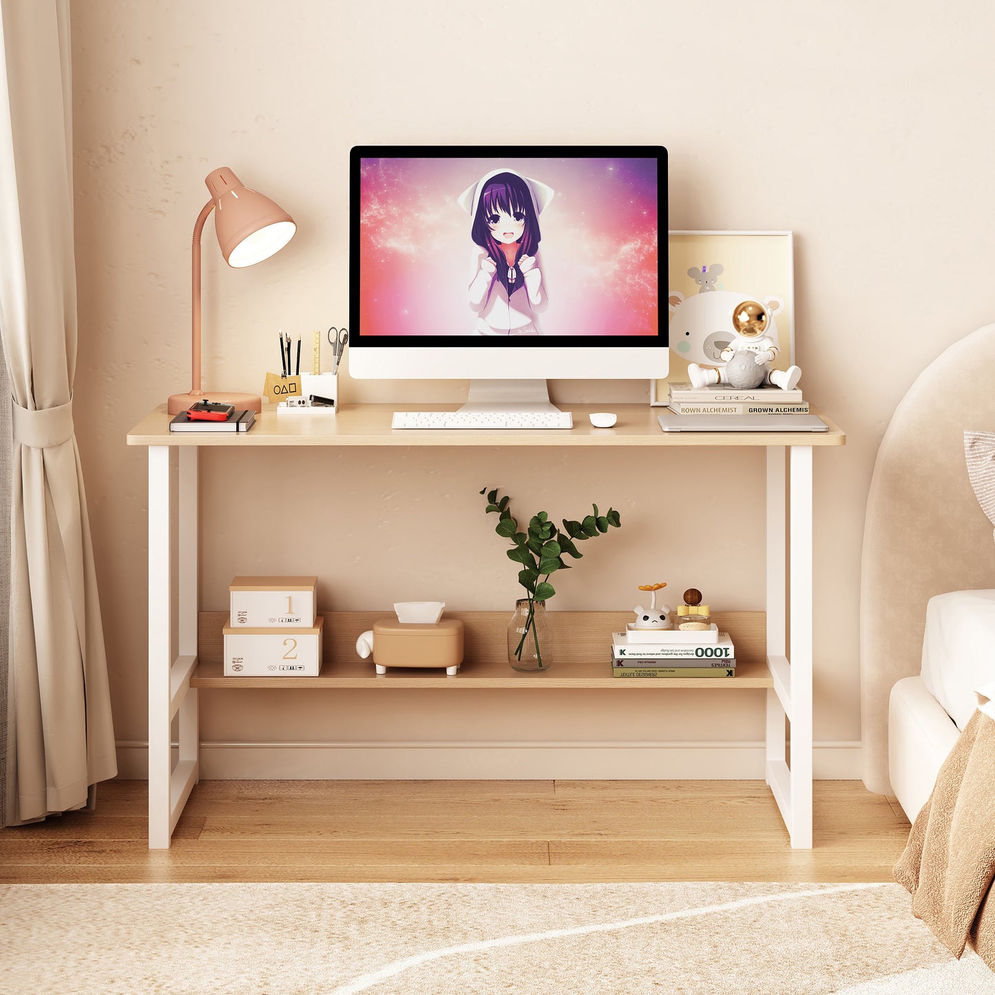 Computer desk, desktop room, simple desk, bedroom desk, student home desk, wooden desk with storage rack - Korvel