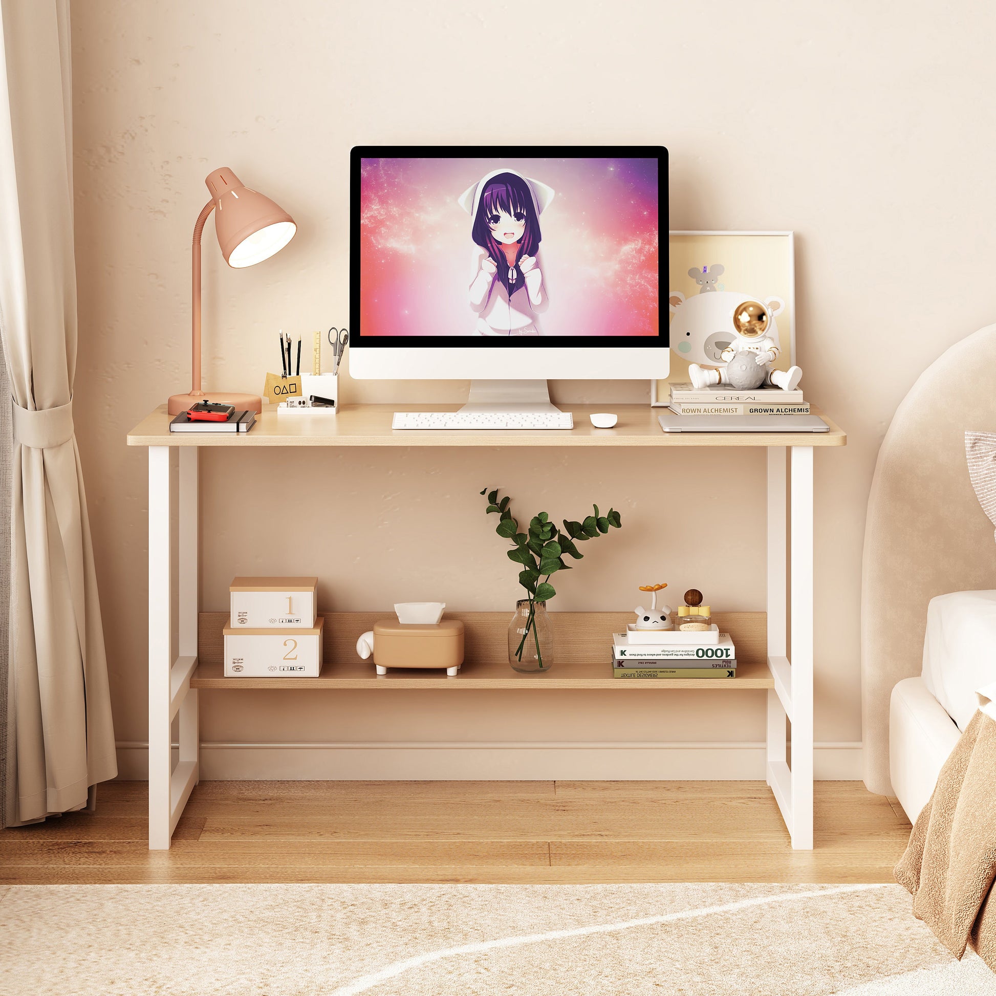 Computer desk, desktop room, simple desk, bedroom desk, student home desk, wooden desk with storage rack - Korvel