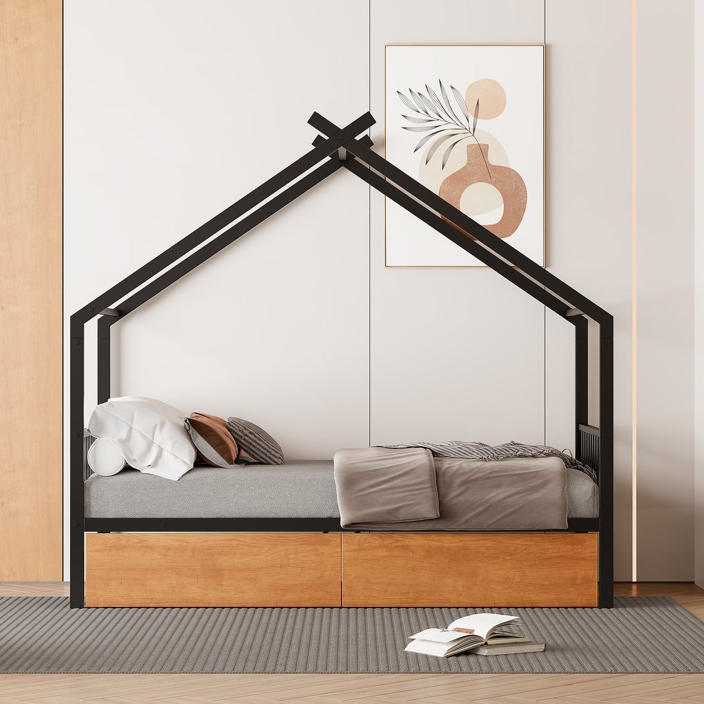Twin Size Metal House Bed with Two Drawers - Black