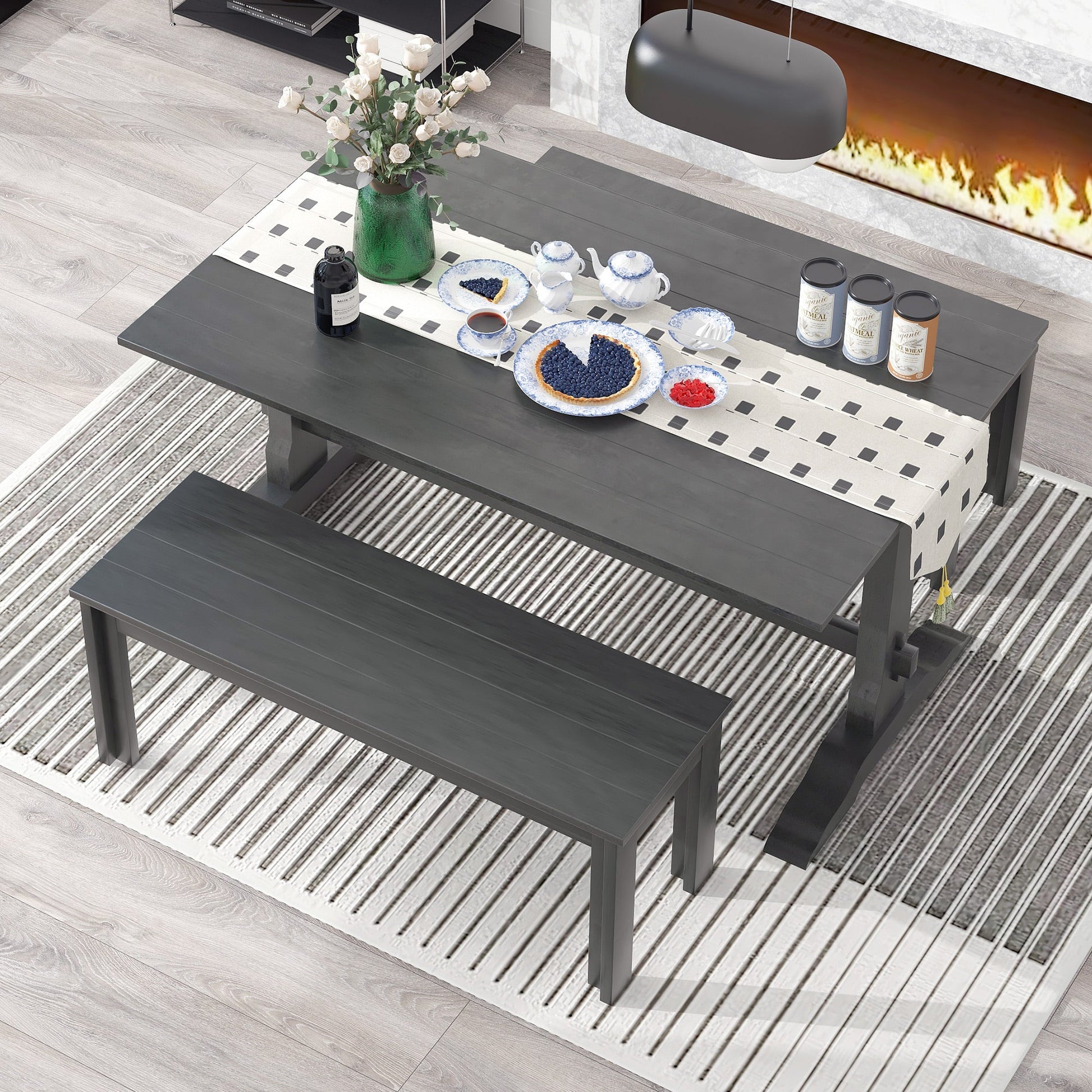 TREXM 3-piece retro cutlery set, rectangular stand table, and 2 wooden stools for 4 people (gray) - Korvel