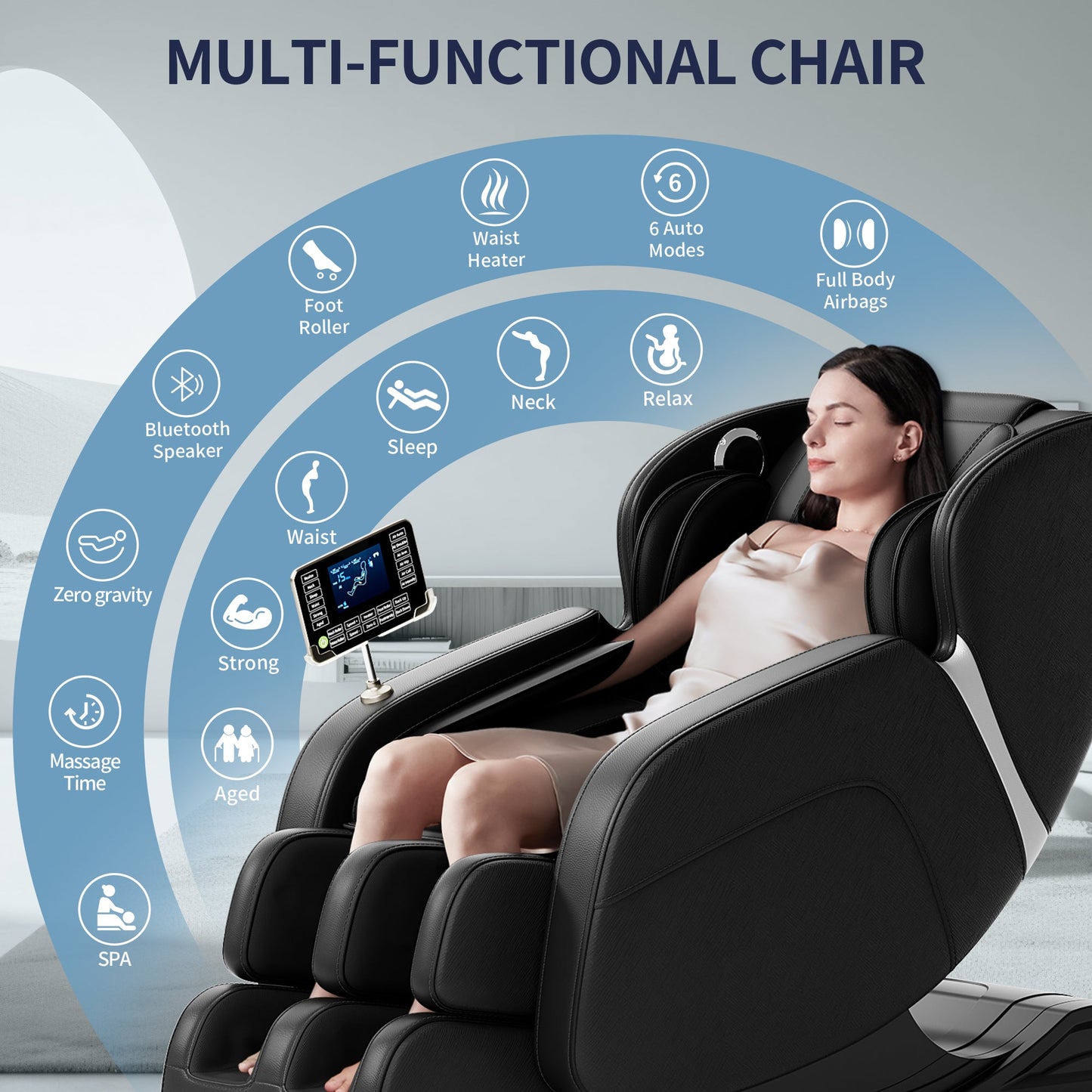 Full body deep tissue massage chair, foot massage, 8 fixed massage rollers, touch screen suitable for 5.1-5.75 feet high (black) - Korvel