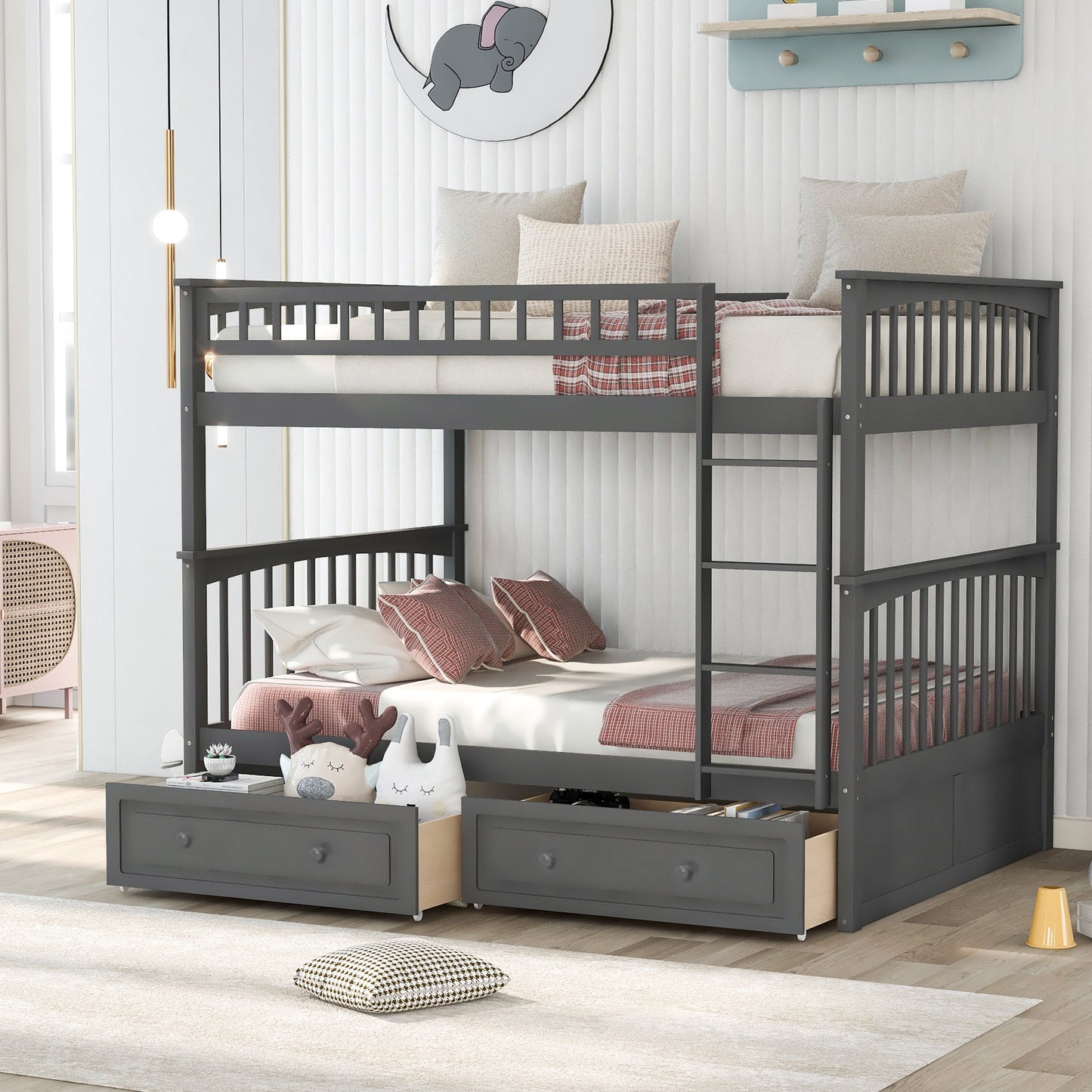 Full over Full Bunk Bed with Drawers, Convertible Beds  Gray - Korvel