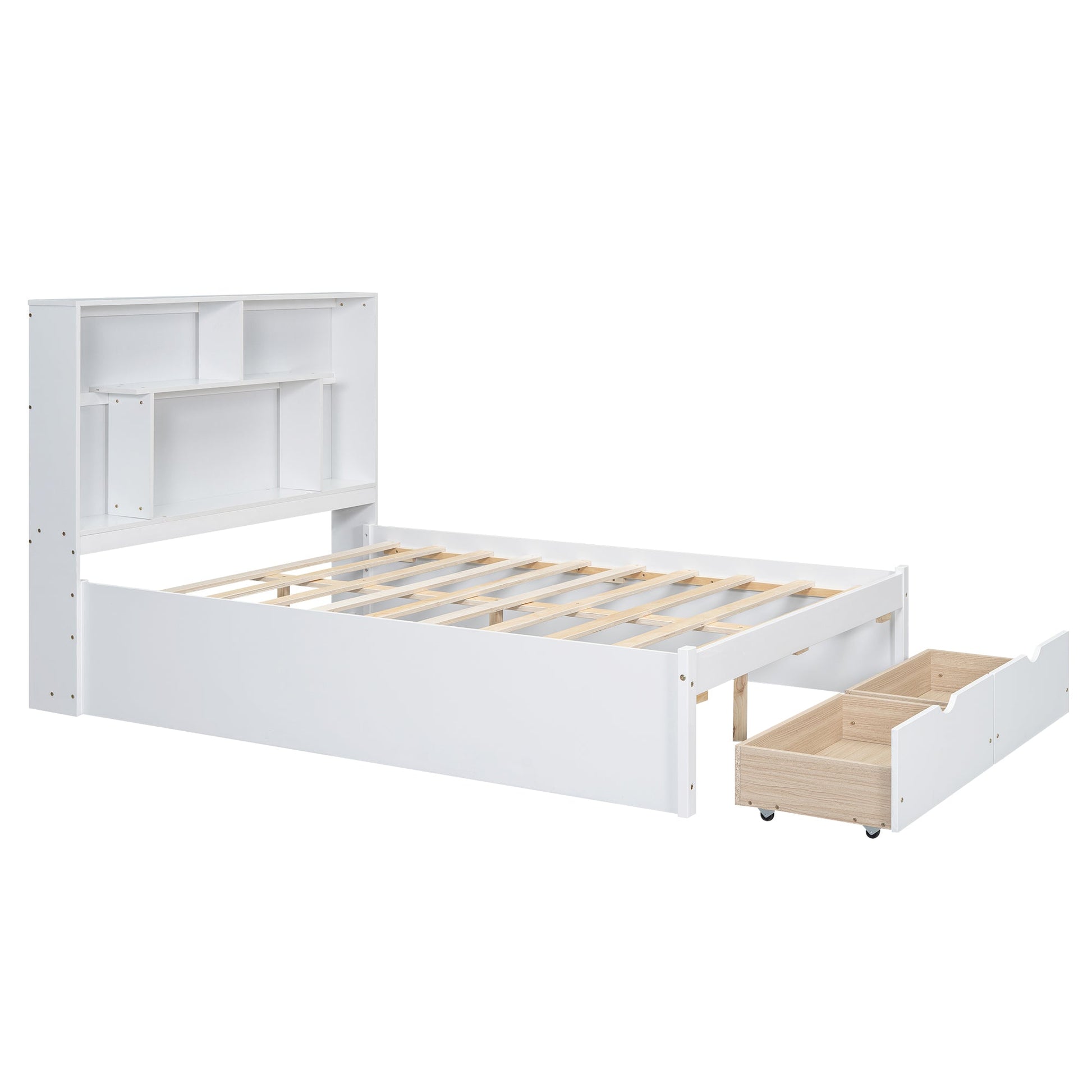 Full Size Platform Bed with Storage Headboard and 2 Drawers, White - Korvel