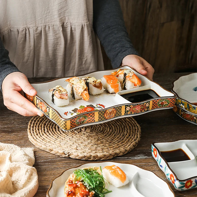 Assiette en céramique pour dumplings et sushi avec partition