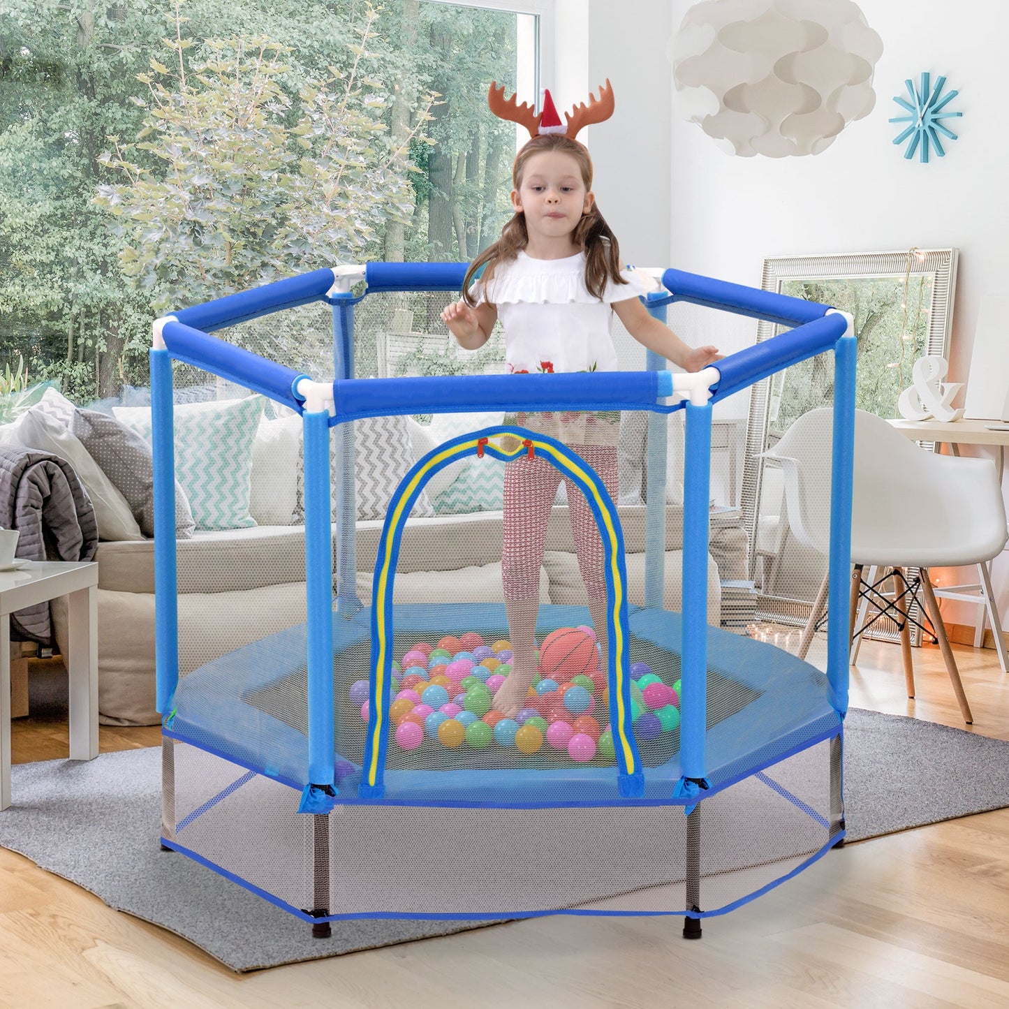 55'' Toddlers Trampoline with Safety Enclosure Net and Balls, Indoor Outdoor Mini Trampoline for Kids - Korvel