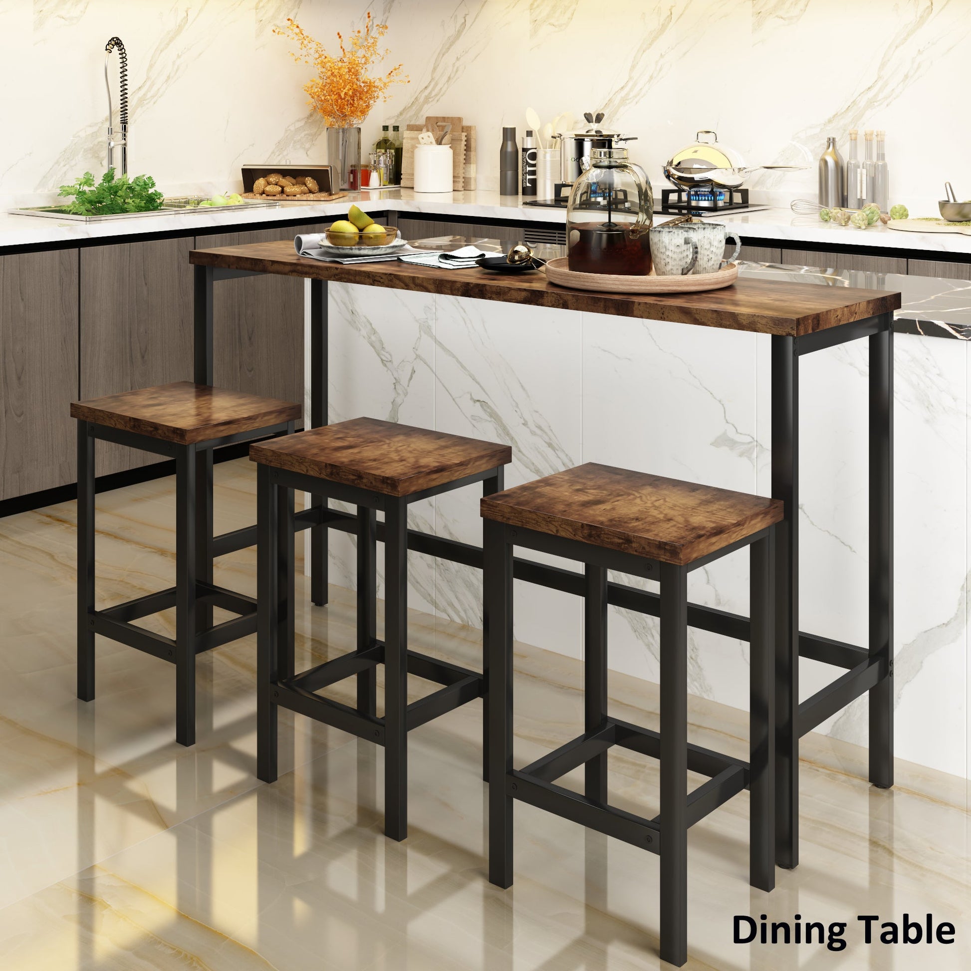 TOPMAX Counter Height Extra Long Dining Table Set with 3 Stools Pub Kitchen Set Side Table with Footrest Brown - Korvel