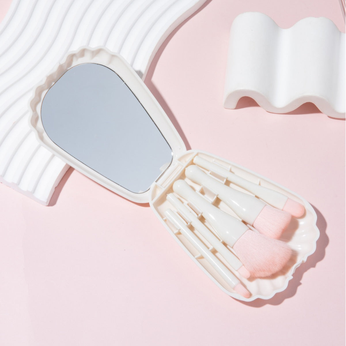 5 shells with mirror powder blusher brush powder brush portable mini combination beauty travel tool - Korvel