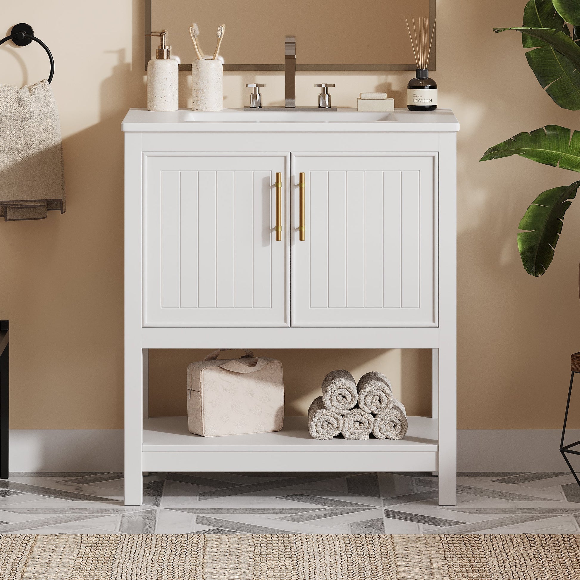 30-Inch White Bathroom Vanity with Ceramic Sink and Versatile Storage - Ideal for Small Bathrooms - Korvel