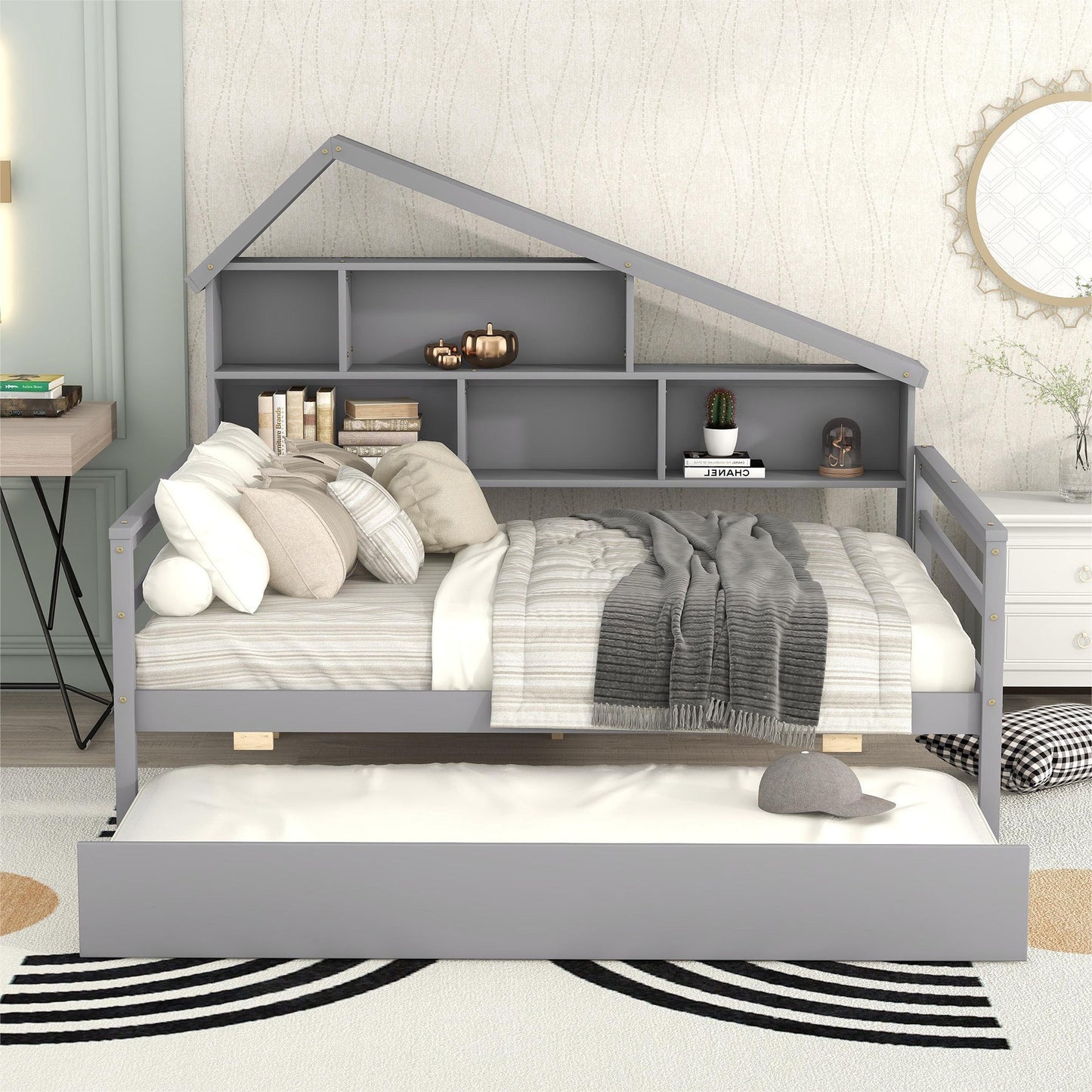Full Size Platform Bed with Trundle and Shelves Gray - Korvel