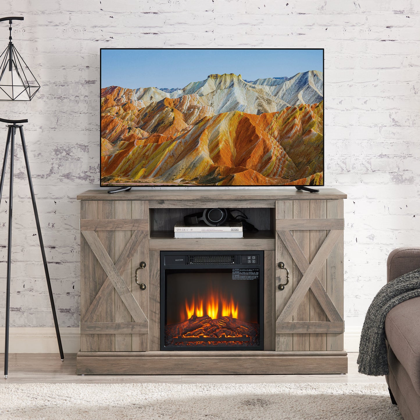 Soporte de TV Clásico de Granja con Inserto de Chimenea Eléctrica