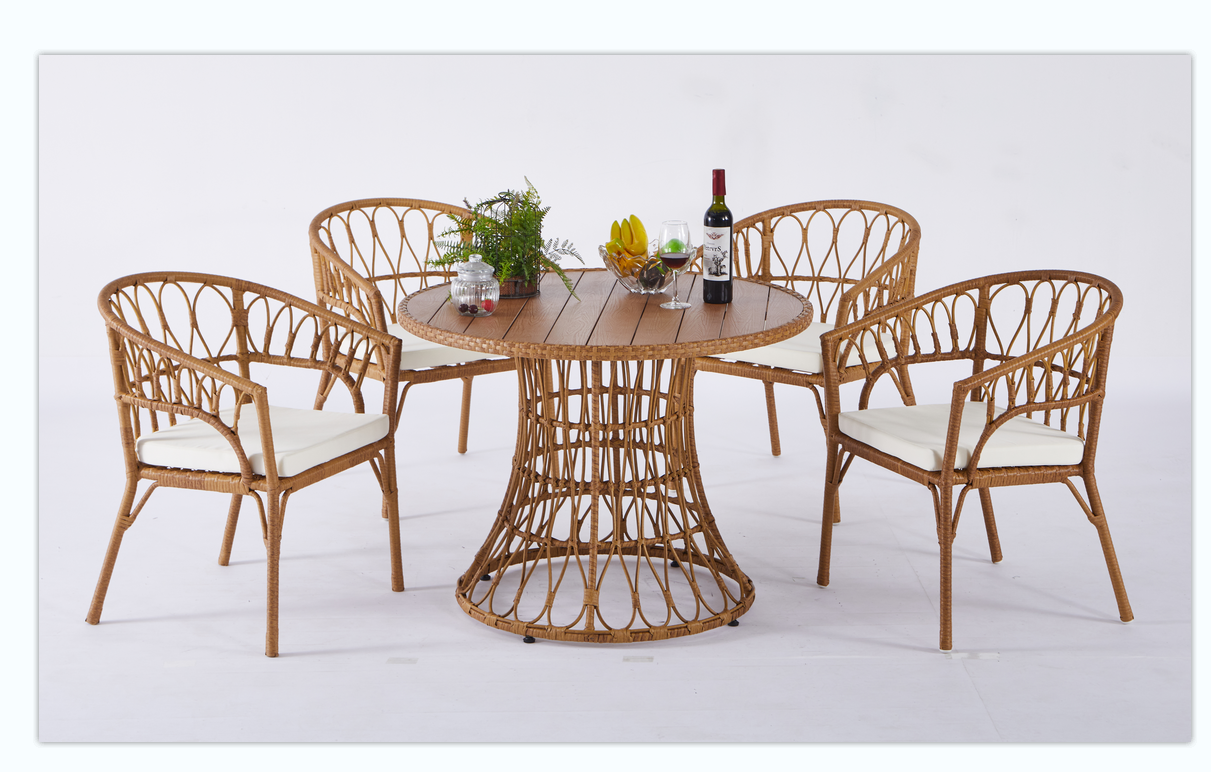 Outdoor dining set of 5 simple bamboo dinning table  PE ratten round table 110CM plastic wood top - Korvel