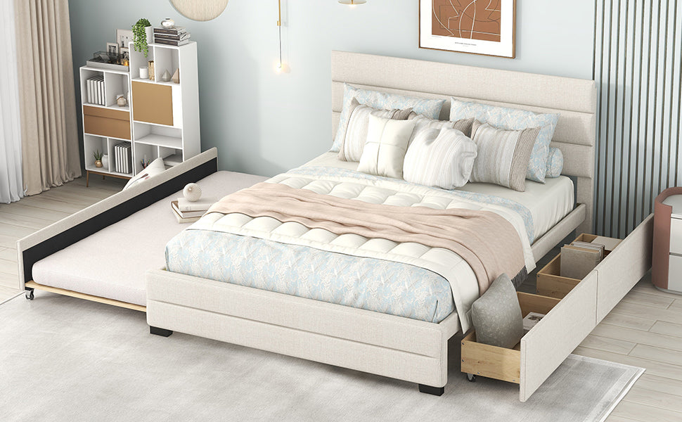 Queen Upholstered Platform Bed with Twin Size Trundle and Two Drawers  Beige - Korvel