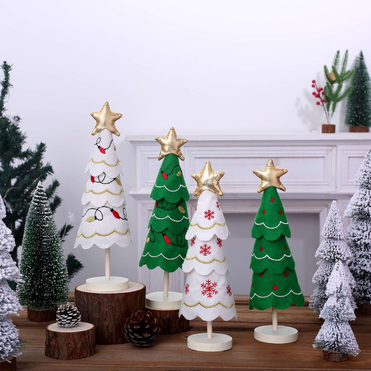 Cute Christmas Tree Fabric Wooden Display Window Desktop Christmas Embroidery Snowflake Decoration - Korvel