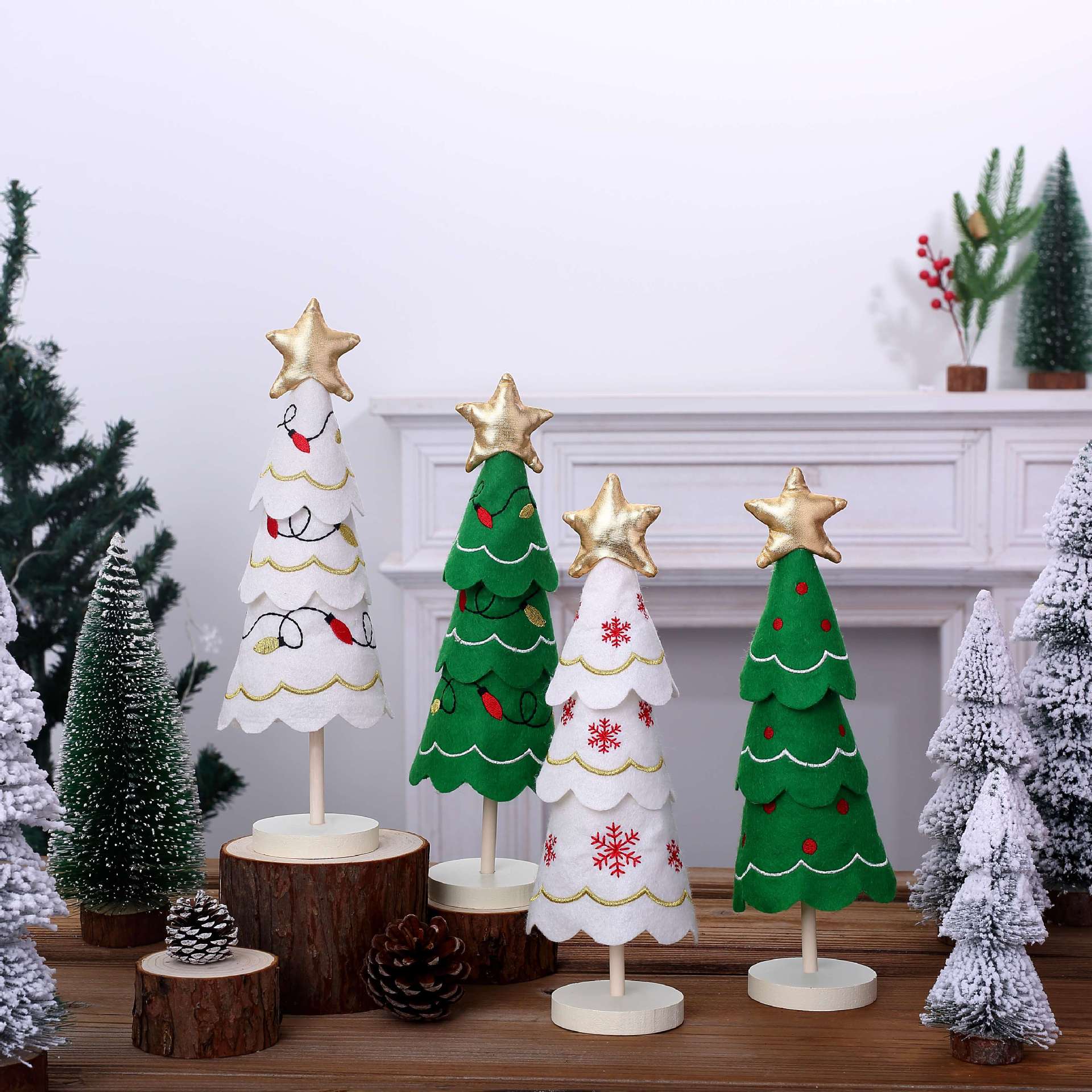 Cute Christmas Tree Fabric Wooden Display Window Desktop Christmas Embroidery Snowflake Decoration - Korvel
