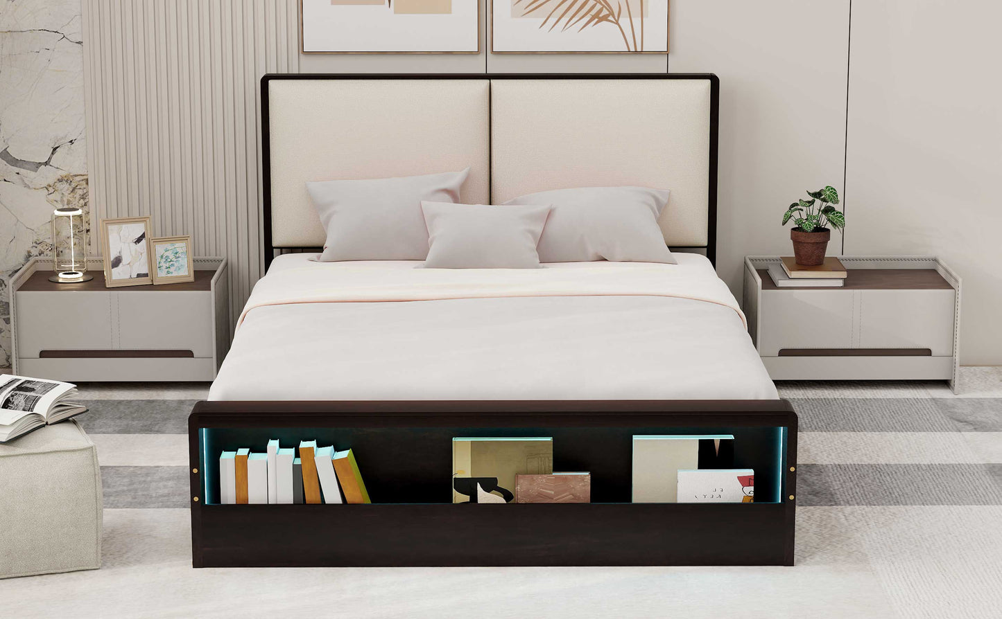 Queen Size Platform Bed Frame with Upholstery Headboard and Bookshelf in Footboard and LED Light Strips, Espresso - Korvel