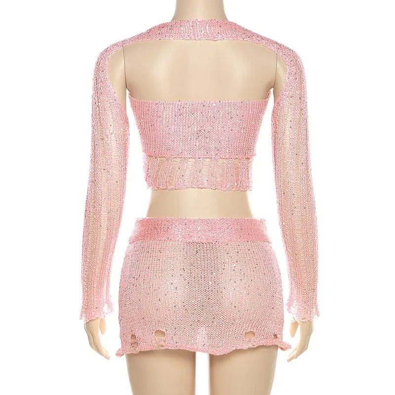 Conjunto de Falda Mini de Crochet Desgastado Dulce Como el Azúcar