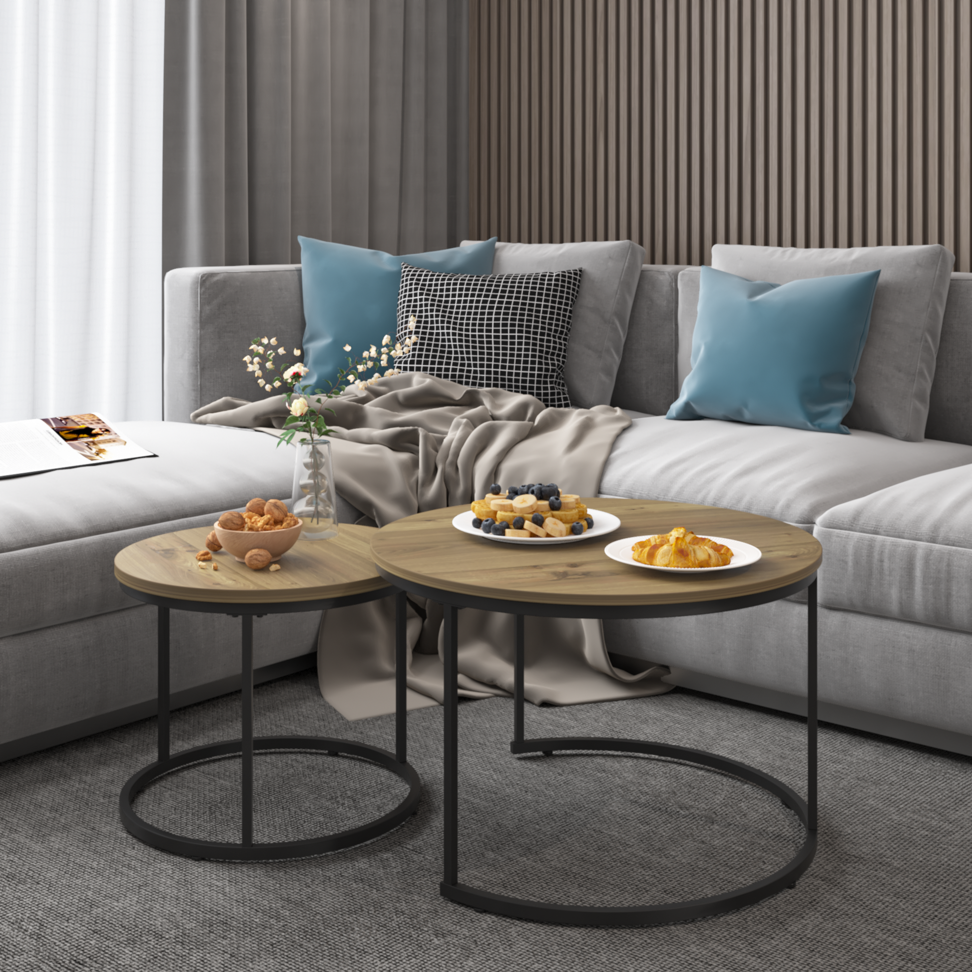 A set of nested coffee tables, 27.6-inch round coffee table, industrial wood veneer, with sturdy metal frame (brown) - Korvel