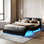 Queen Size Upholstered Faux Leather Platform Bed with LED Light Bed Frame with Slatted - Black - Korvel