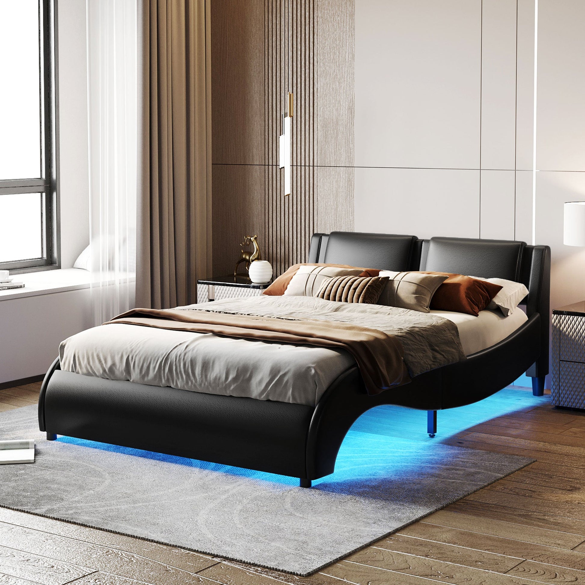 Queen Size Upholstered Faux Leather Platform Bed with LED Light Bed Frame with Slatted - Black - Korvel