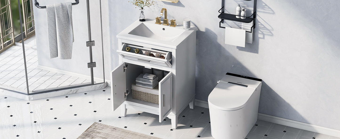 24" Bathroom Vanity with Sink, Bathroom Vanity Cabinet with One Flip Drawer and Doors, Solid Wood and MDF, White - Korvel