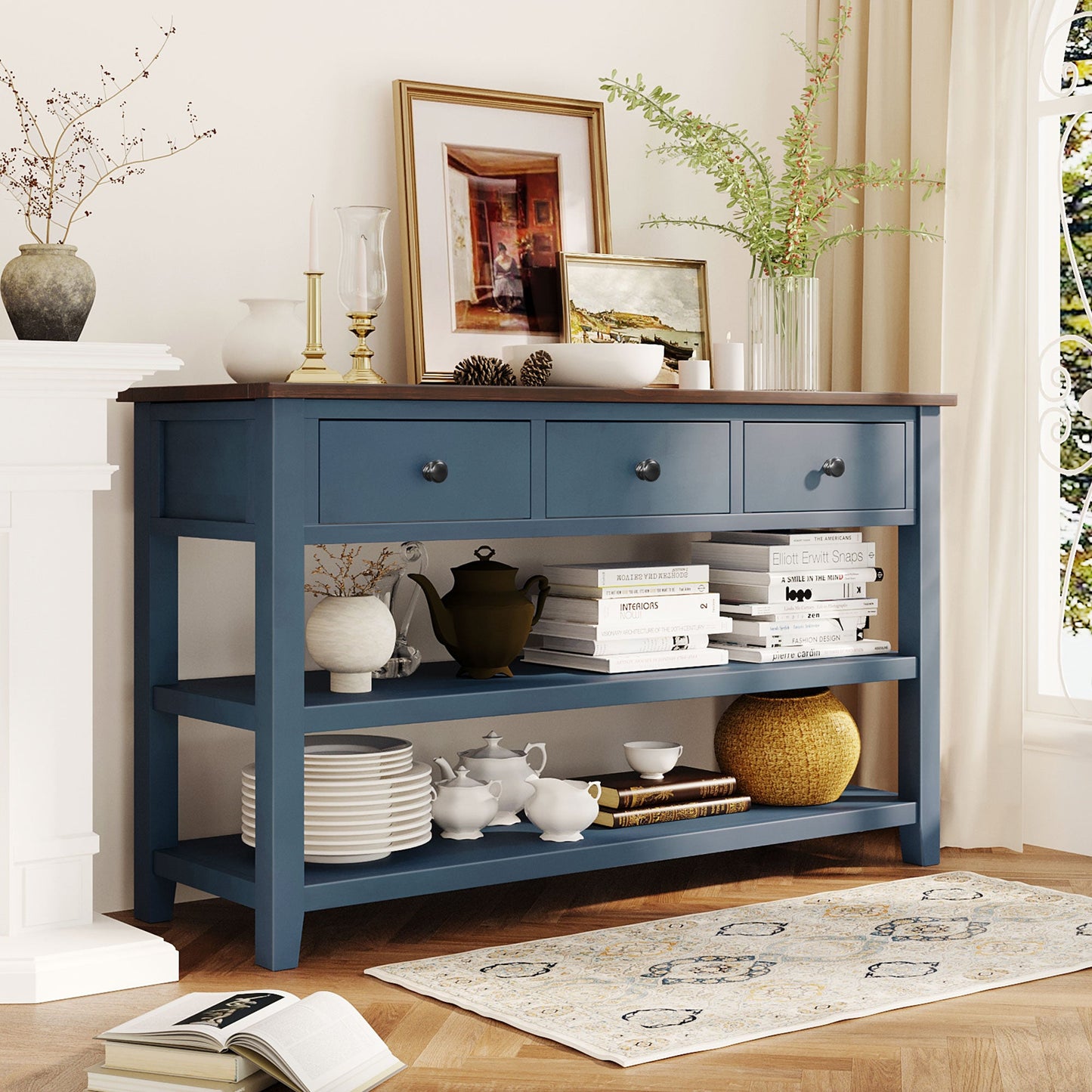 Retro Design Console Table with Two Open Shelves, Pine Solid Wood Frame and Legs for Living Room (Antique Navy+Espresso) - Korvel