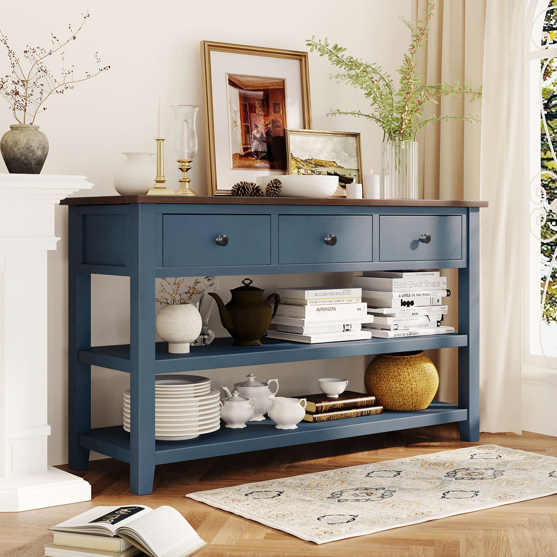 Retro Design Console Table with Two Open Shelves, Pine Solid Wood Frame and Legs for Living Room (Antique Navy+Espresso) - Korvel
