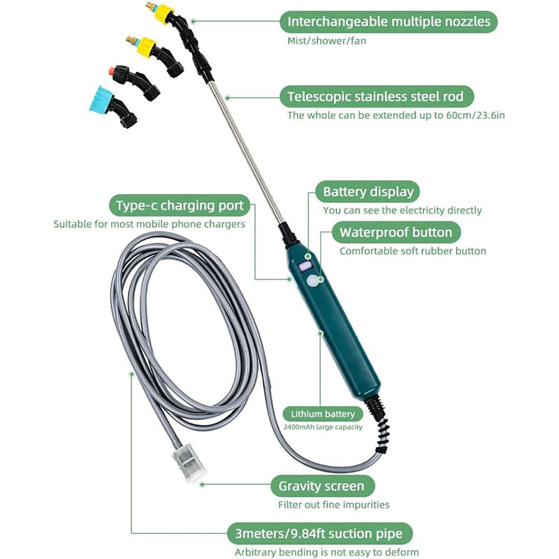 2400mAh Portable Electric Sprayer Wand. 3 nozzles, high - pressure, for garden plant watering. - Korvel