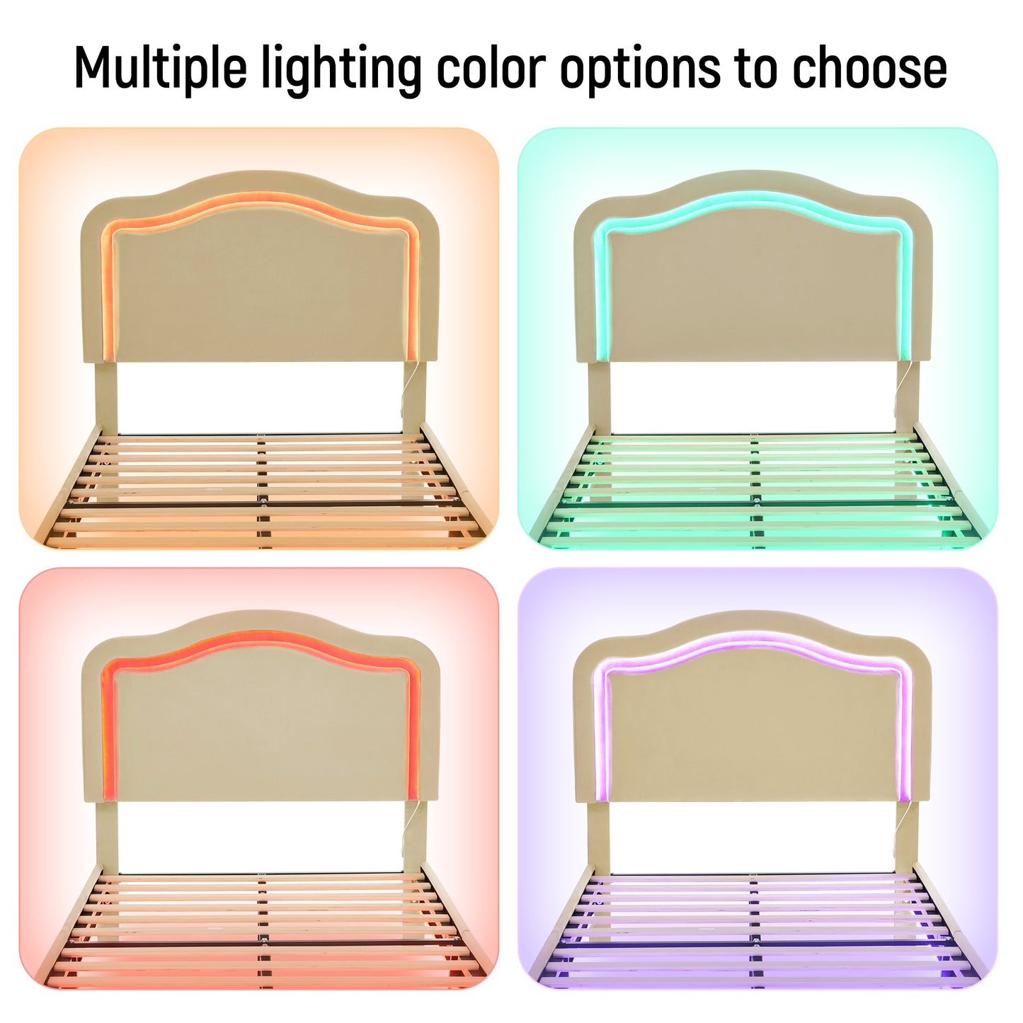 Full Size Velvet Upholstered Smart LED Bed Frame with Adjustable Height Headboard,No Box Spring Needed,Easy Assembly,Beige - Korvel
