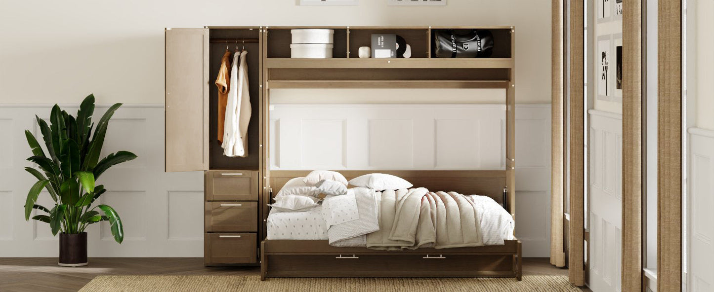 Full Size Murphy Bed with Wardrobe, Drawers and Open Shelves, Antique Grey - Korvel