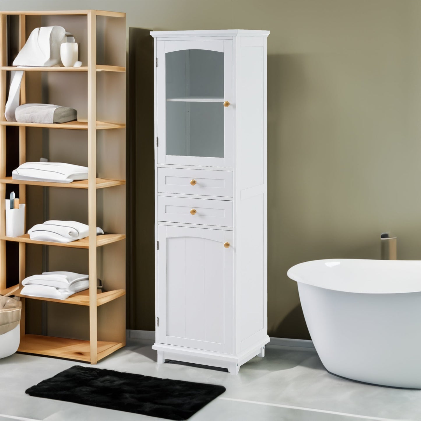 High bathroom storage cabinet with glass door, freestanding, two drawers and adjustable shelves, MDF board, painted white - Korvel