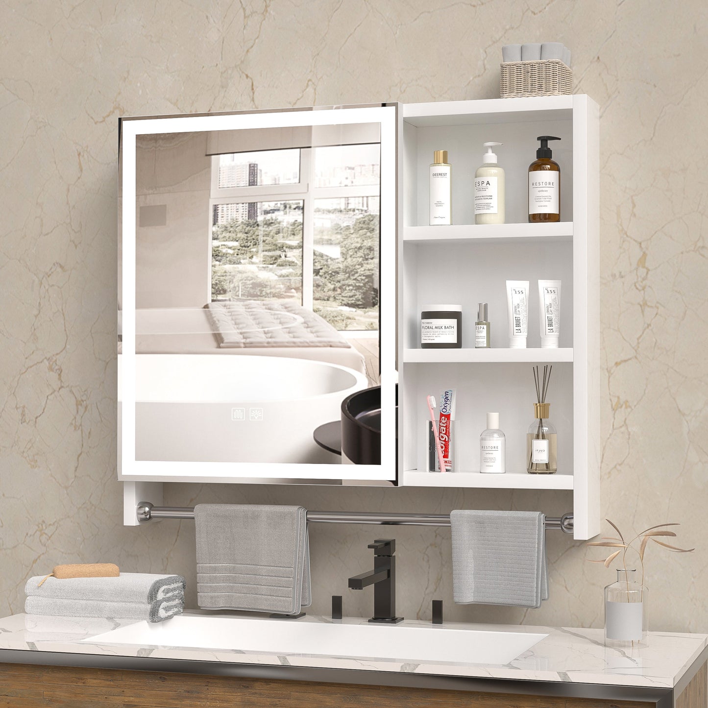 Cabinet de rangement moderne pour salle de bain 32x28 pouces avec éclairage LED