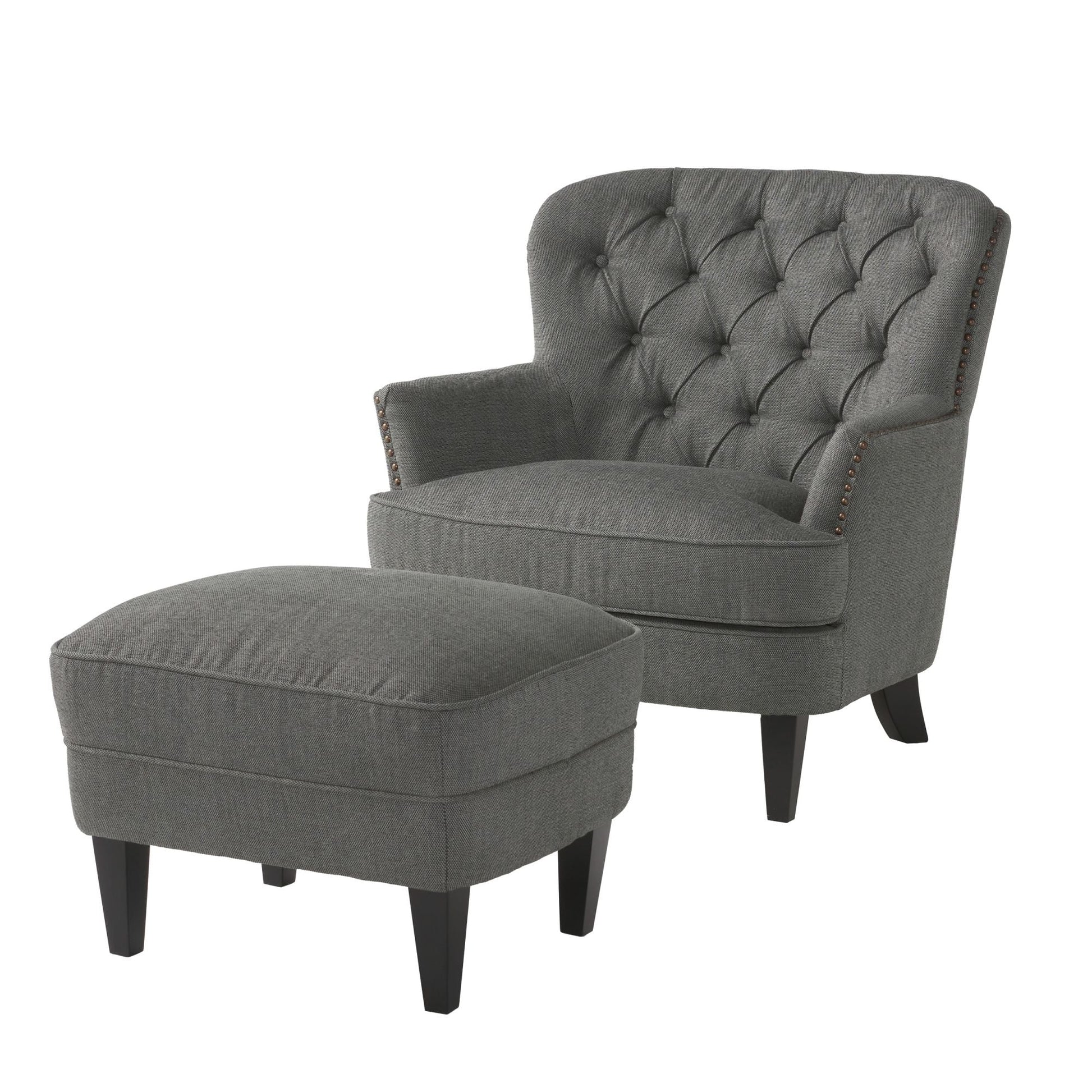 Modern grey fabric club chair and Ottoman set, stylish cushioned armchair, paired with Ottoman style - Korvel