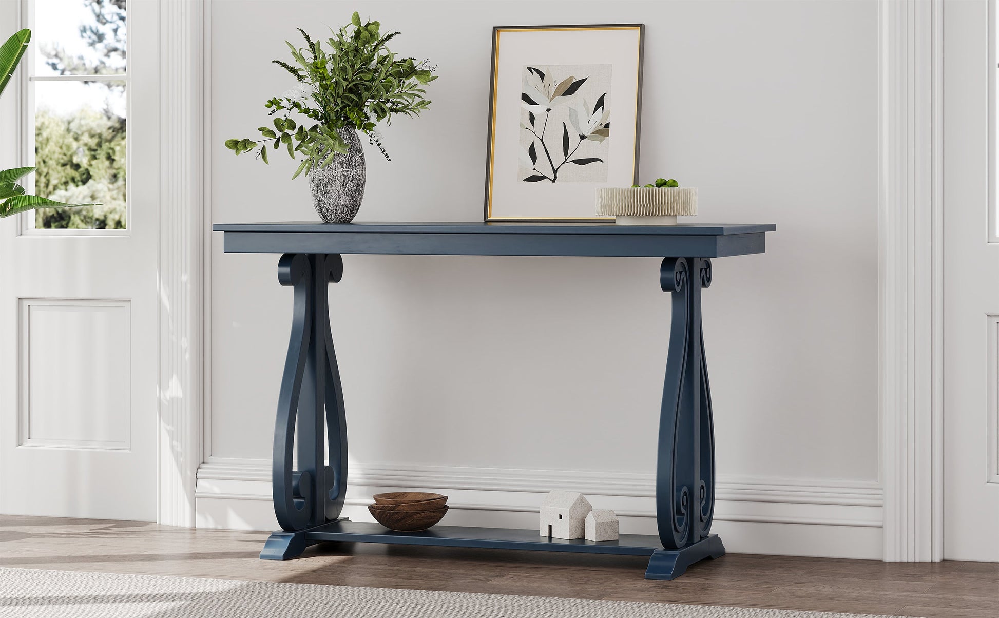 48-Inch Rustic Vintage Console Table --- Farmhouse Style Entryway Table with Open Shelf and Sturdy Construction (Navy) - Korvel